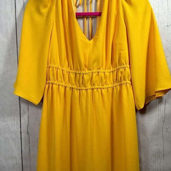 Trina Turk Yellow Empire Waist Midi Dress V Neck Balloon Sleeve Size 6 Retro - Picture 9 of 16
